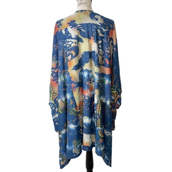 Calessa Womens Kimono Cardigan Burnout Blue Orange Artsy Open Front Size 3X - Picture 3 of 7